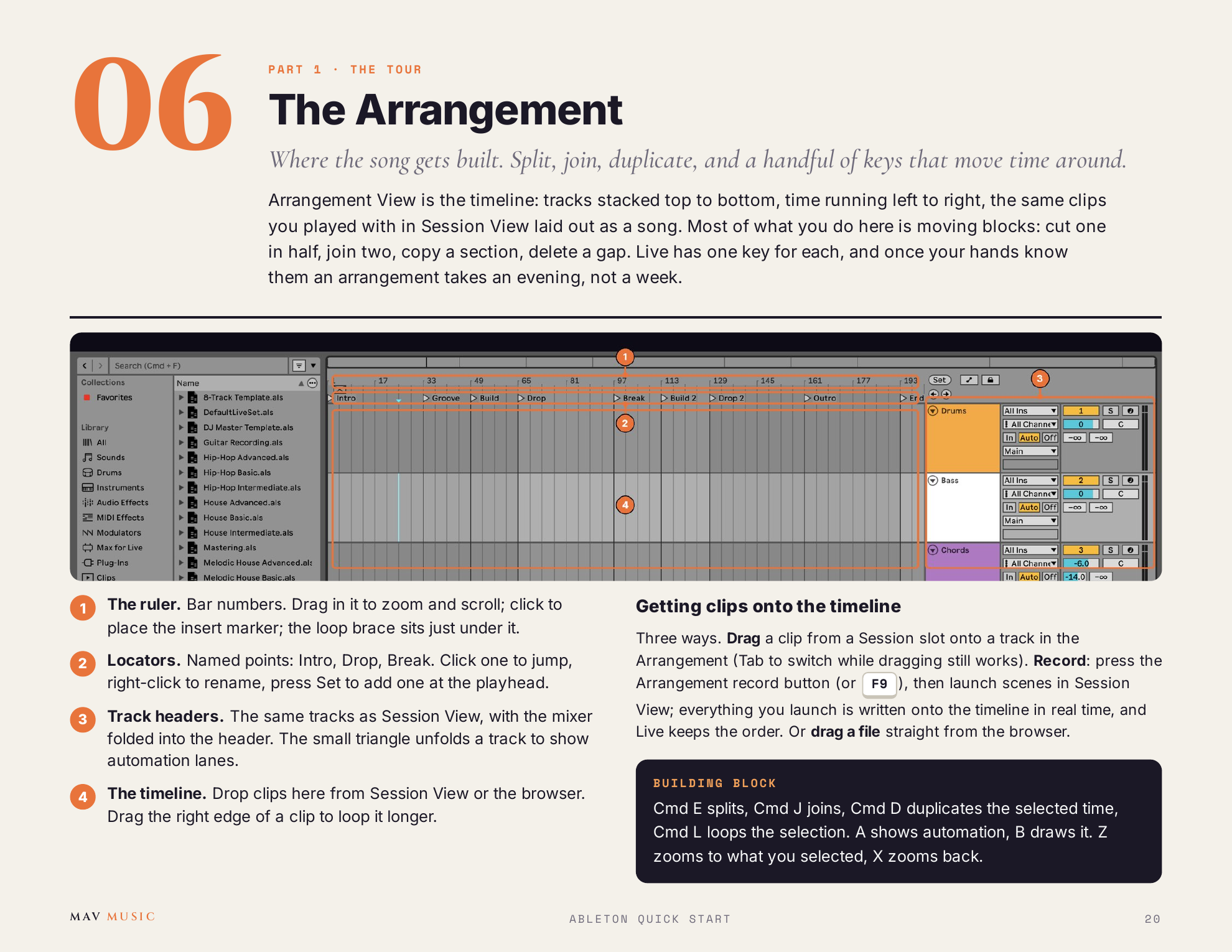 Ableton Quick Start — Arrangement View with callouts